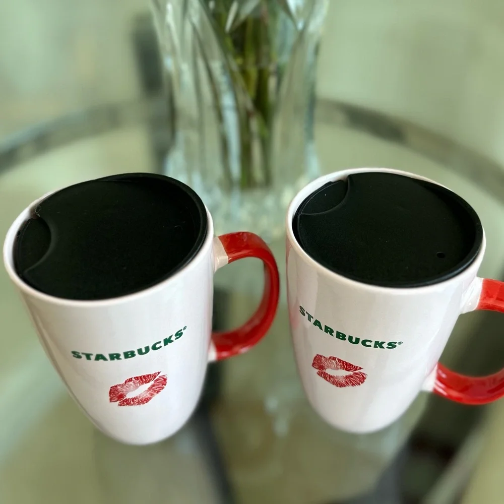 Starbucks Valentines Red-Lips Mugs With Lids (2 Pieces)